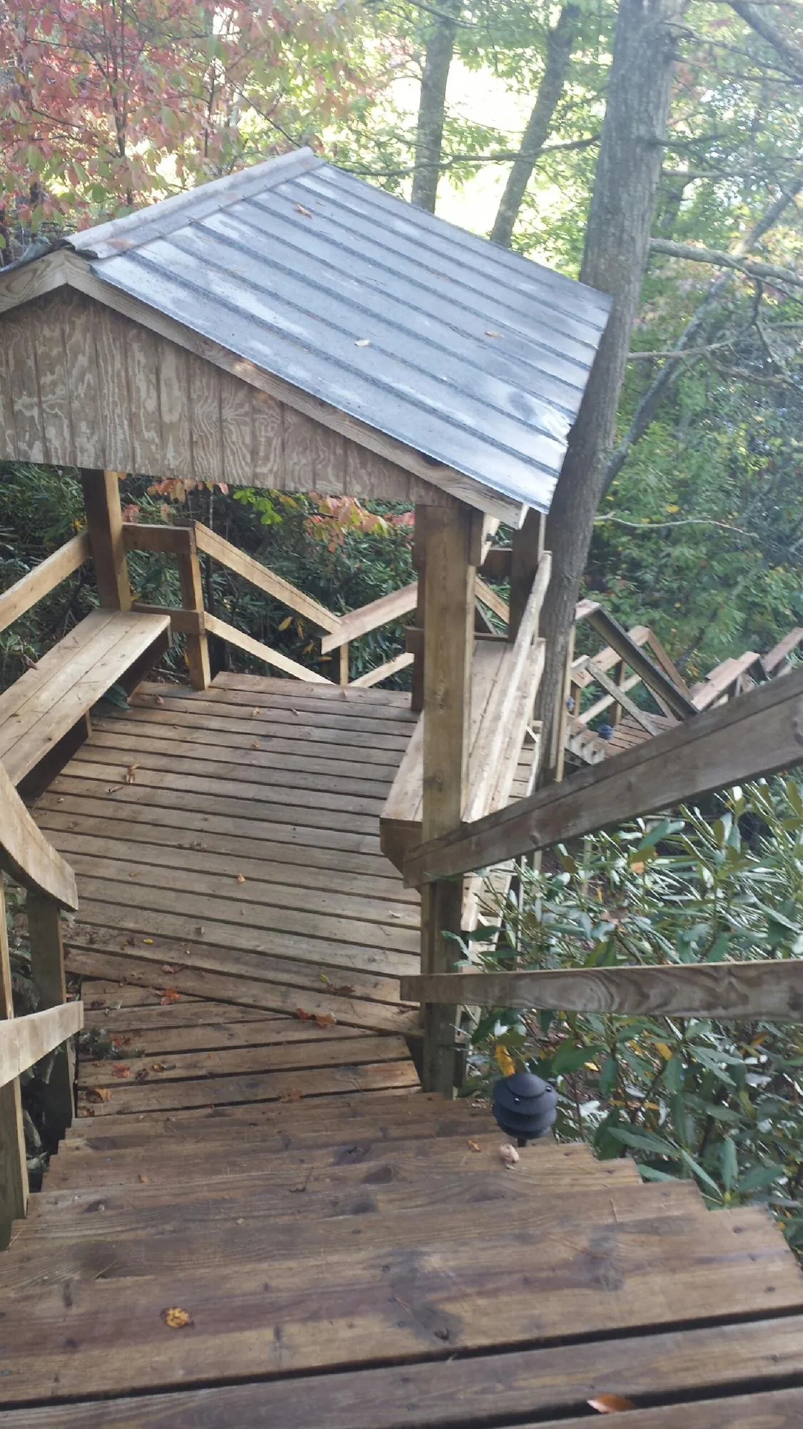 Metal roofed shelter over wooden steps on a wooded walkway — Skylight Repair & Installation work by our crew in Hixson